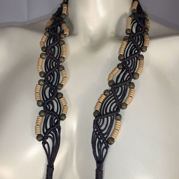 Vintage 00s y2k Woven Macramé Boho Brown Faux Leather Tie Rope Belt with Wooden - Picture 9 of 11